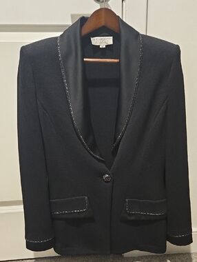 St. John Black Knit Satin-Trim Blazer